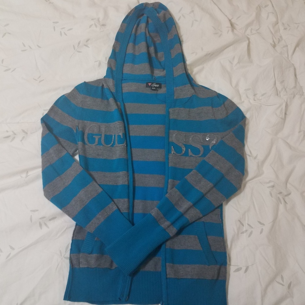 Guess grey and teal stripe zip front hoodie